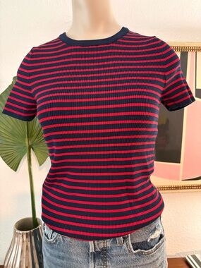 Zara Navy & Red Striped Ribbed Short Sleeve Tee